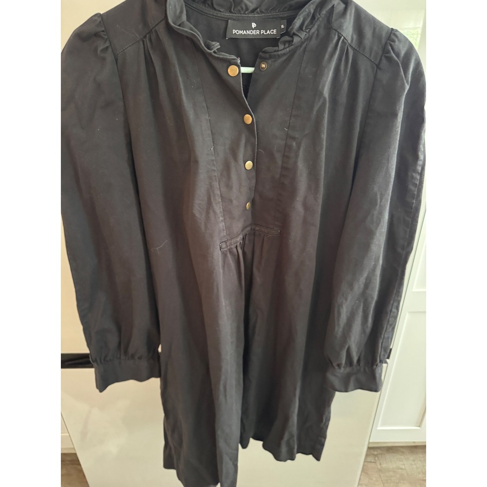 Pomander Place‎ Black Ruffle Neck Button Front Cotton Shift Dress XL